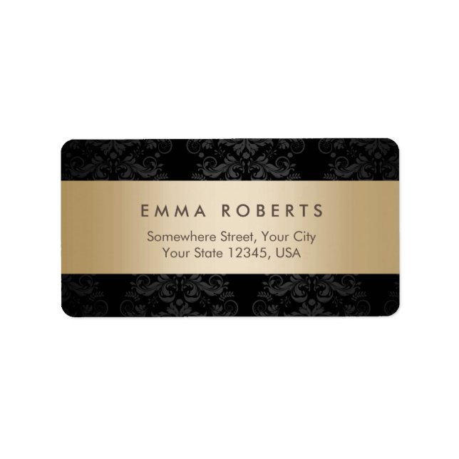 Modern Gold Striped Elegant Black Damask Label (Front)