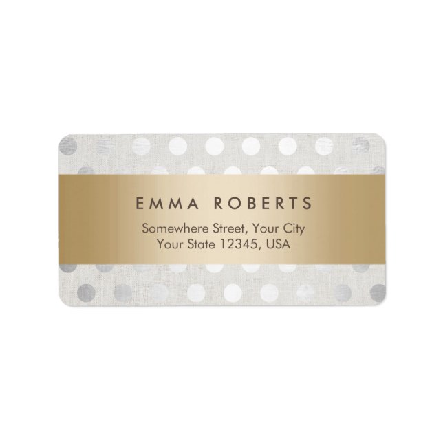 Modern Gold Striped Silver Polka Dots Classy Linen Label (Front)
