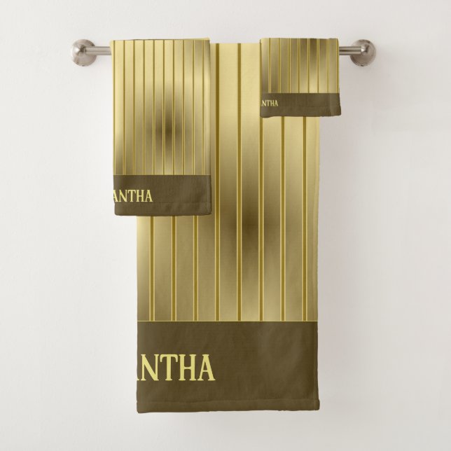 Modern Gold Stripes And Gold Background Name Bath Towel Set (Insitu)