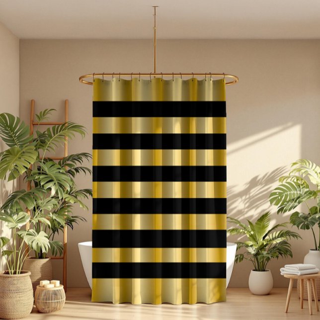 Modern Gold Stripes Black Background Throw Shower Curtain (Creator Uploaded)