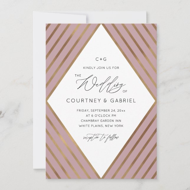 Modern Gold Stripes Diamond Dusty Rose Wedding Invitation (Front)