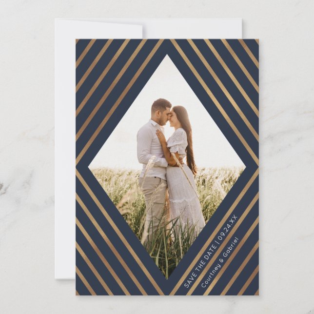 Modern Gold Stripes Diamond Frame Photo Wedding Save The Date (Front)