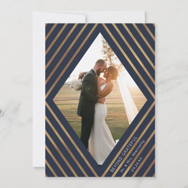 Modern Gold Stripes Diamond Frame Photo Wedding Thank You Card (Front)