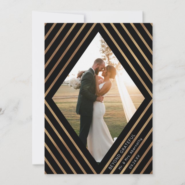 Modern Gold Stripes Diamond Frame Photo Wedding Thank You Card (Front)
