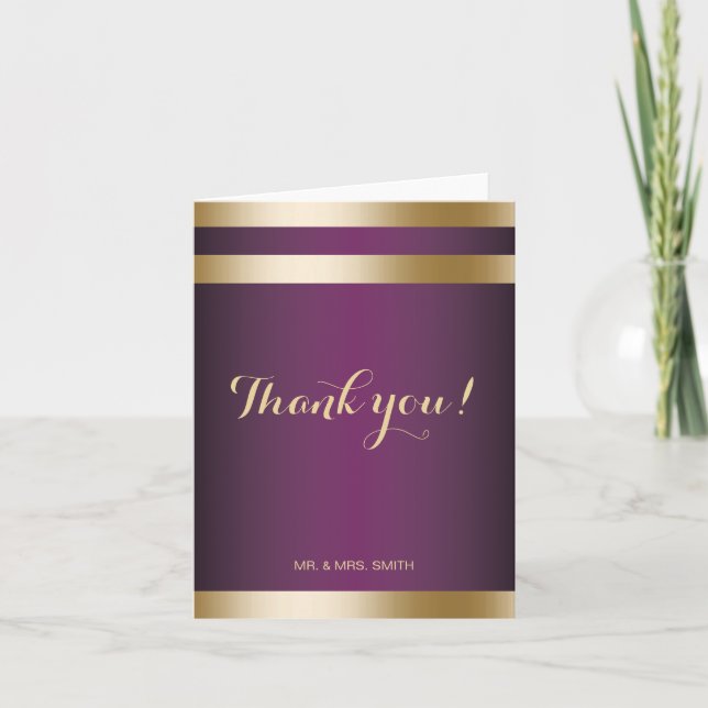 Modern Gold Stripes Elegant Purple Wedding Thank You Card (Front)