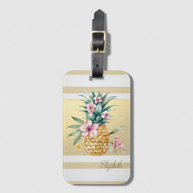 Modern Gold Stripes,Floral Pineapple Luggage Tag (Front Vertical)