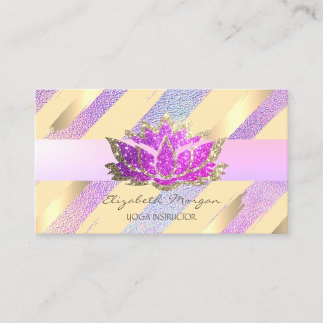 Modern Gold Stripes Holographic Lotus Business Card (Front)