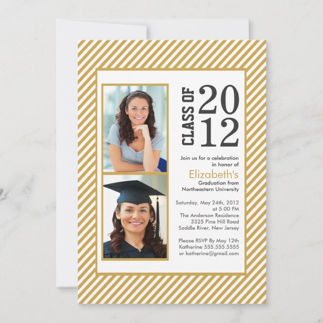 Modern Gold Stripes Photo Graduation invitation (Front)