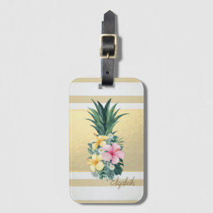 Modern Gold Stripes, Pineapple,Flowers Luggage Tag