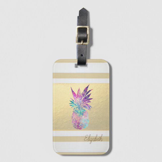 Modern Gold Stripes, Pineapple  - Personalised Luggage Tag (Front Vertical)
