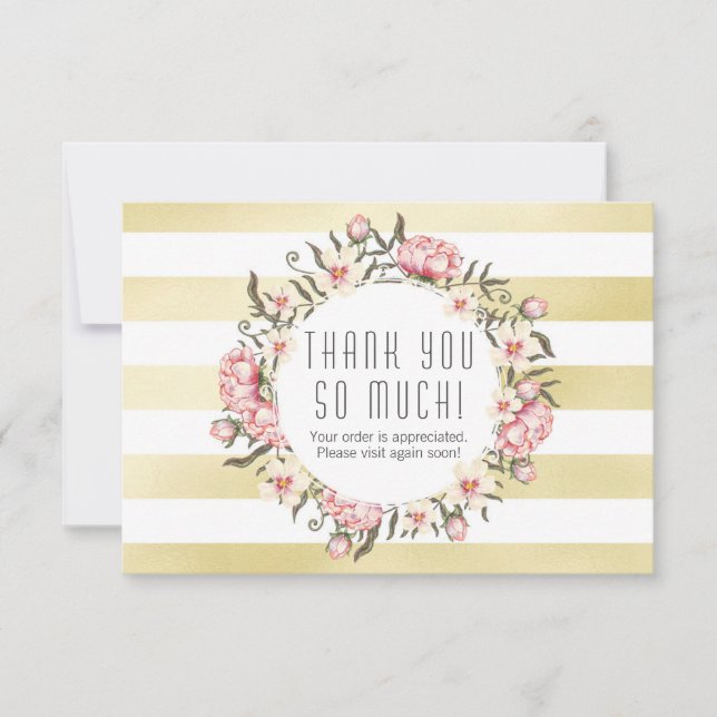 Modern Gold Stripes & Pink Floral Roses Thank You (Front)