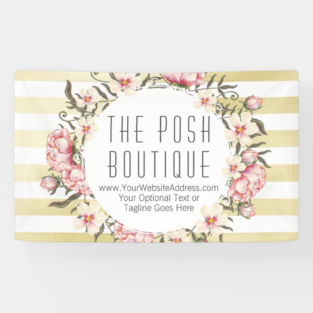 Modern Gold Stripes & Pink Floral Roses Wreath Banner (Horizontal)