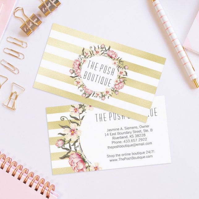 Modern Gold Stripes & Pink Floral Roses Wreath Business Card (Creator Uploaded)