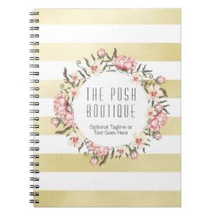 Modern Gold Stripes & Pink Floral Roses Wreath Notebook
