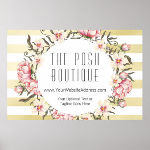 Modern Gold Stripes & Pink Floral Roses Wreath Poster