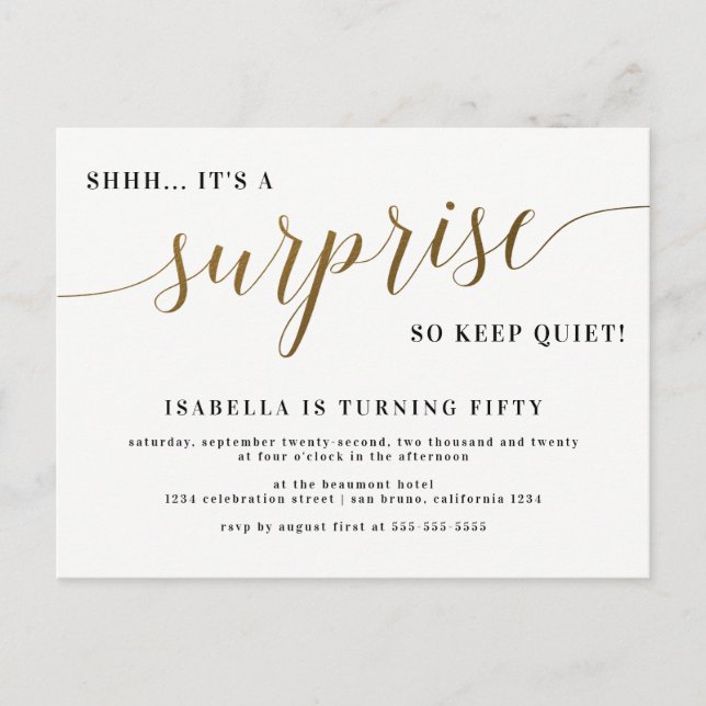 Modern Gold Stylish Script Surprise Birthday Party Invitation Postcard (Front)