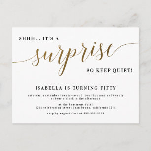 Modern Gold Stylish Script Surprise Birthday Party Invitation Postcard