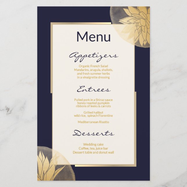 Modern Gold Succulents Wedding Menu  on Blue (Front)