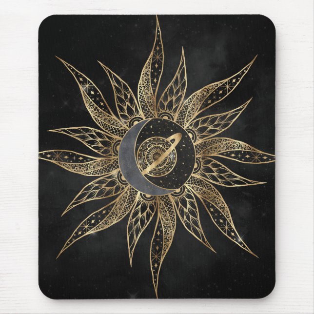 Modern Gold Sun Moon Planet Universe Mandala Mouse Mat (Front)
