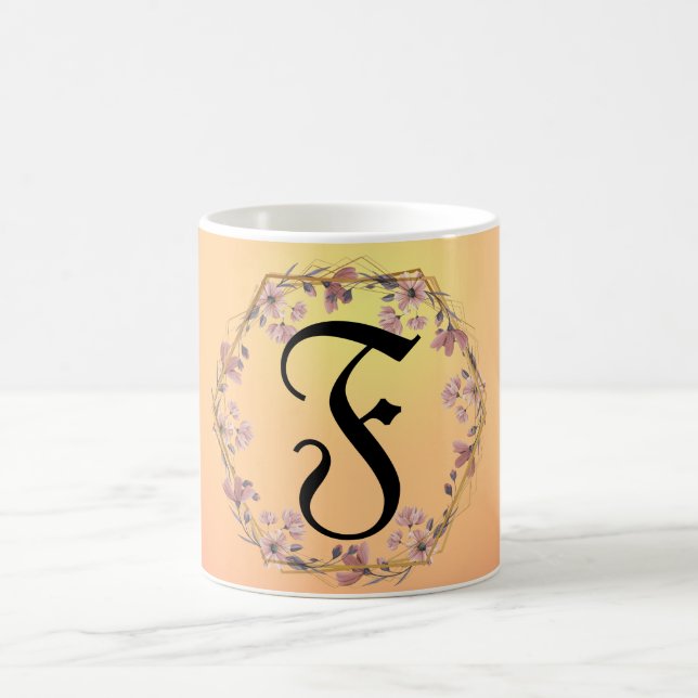 Modern gold sunset gradient flowers Monogram Name Coffee Mug (Center)