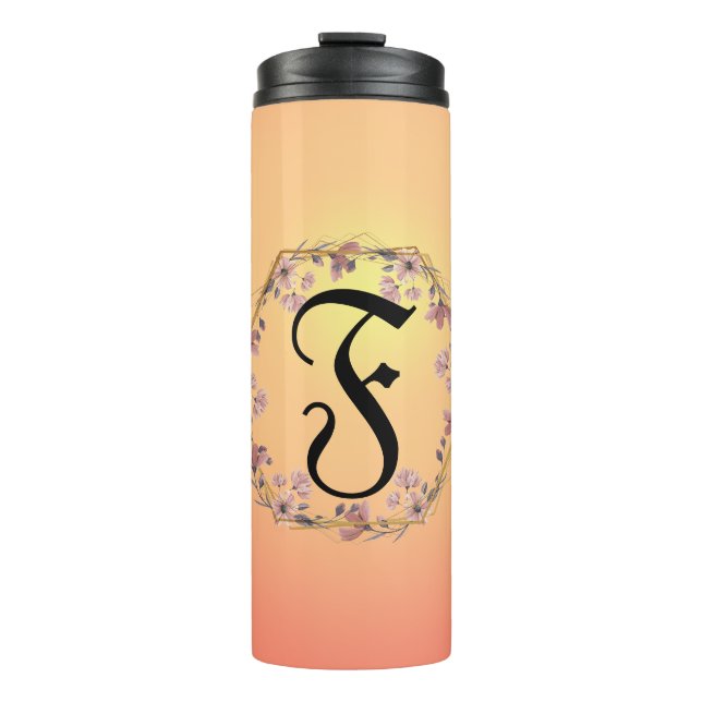 Modern gold sunset gradient flowers Monogram Name Thermal Tumbler (Front)