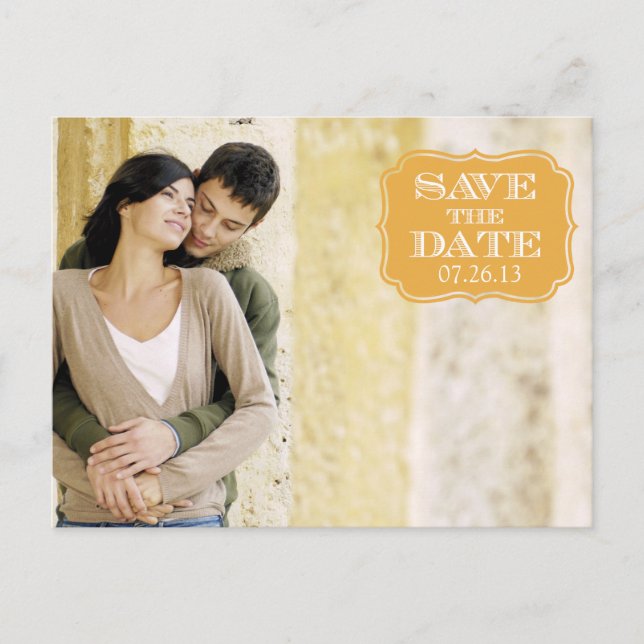 Modern Gold Swirl Label Save the Date Photo Card (Front)
