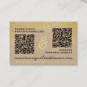 Modern Gold Tan & Black Calligraphy Add 2 QR Codes Business Card