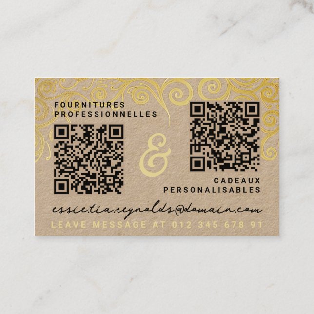 Modern Gold Tan & Black Calligraphy Add 2 QR Codes Business Card (Back)