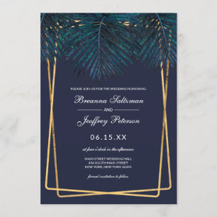 Modern Gold Teal Palm Leaves Geo Borders Wedding Invitation