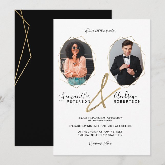 Modern gold terrarium frame portrait photo wedding invitation (Front/Back)