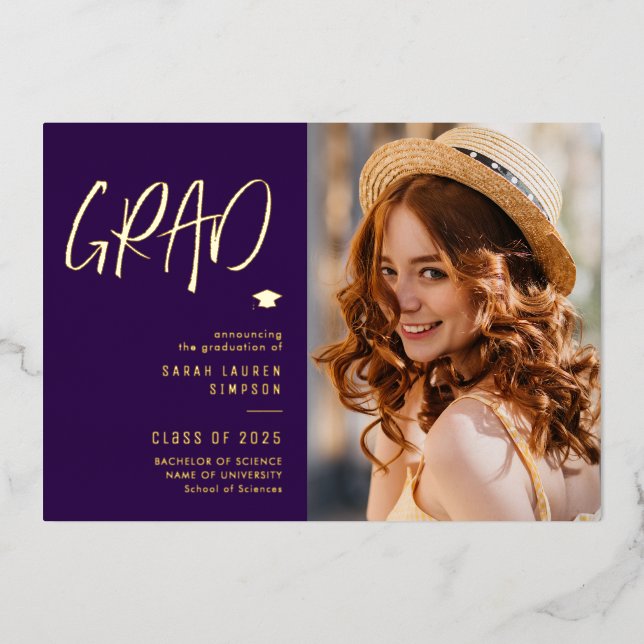 modern gold text purple graduation announcement (Front)