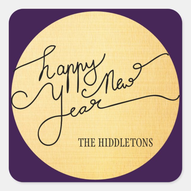 Modern Gold Texture Pattern Happy New Year Script Square Sticker (Front)