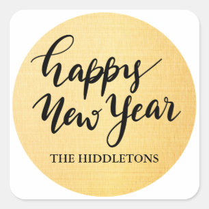 Modern Gold Texture Pattern Happy New Year Script Square Sticker