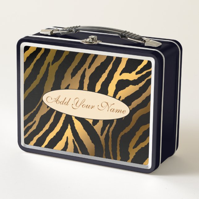 Modern Gold Tiger Add Your Text Metal Lunch Box (Front)