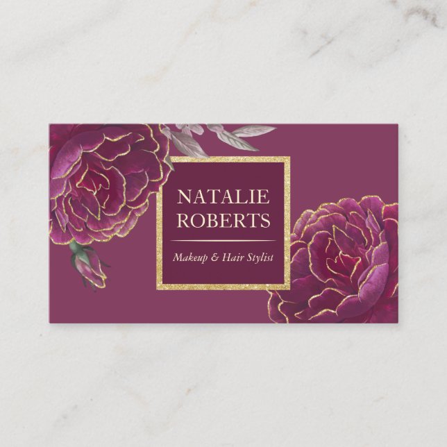 Modern Gold Tipped Burgundy Floral Beauty Salon Business Card (Front)