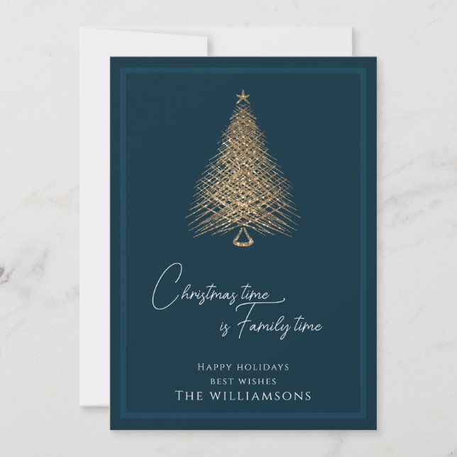 Modern gold tree blue family christmas  holiday card (Front)