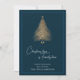 Modern gold tree blue family christmas  holiday card