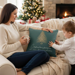 Modern gold tree family green festive christmas cushion