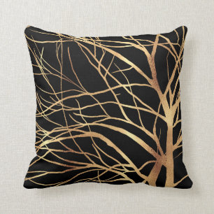 Modern Gold Tree Silhouette Minimal Black Design C Cushion