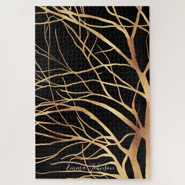 Modern Gold Tree Silhouette Minimal Black Design C Jigsaw Puzzle (Vertical)