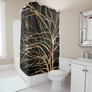 Modern Gold Tree Silhouette Minimal Black Design C Shower Curtain