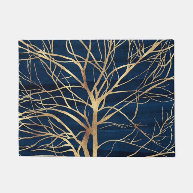 Modern Gold Tree Silhouette Minimal Blue Design Doormat (Front)