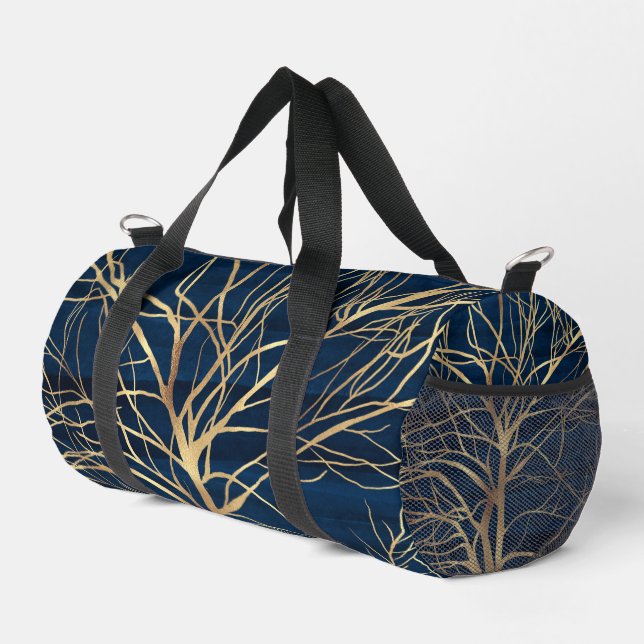 Modern Gold Tree Silhouette Minimal Blue Design Duffle Bag (Right Corner)
