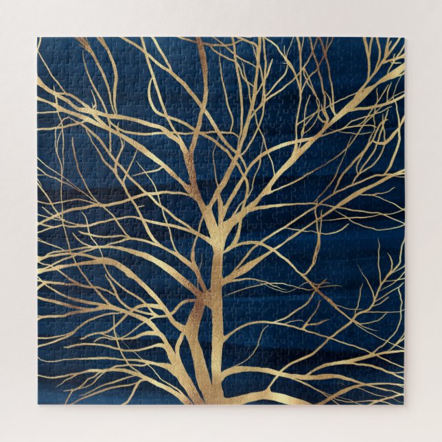 Modern Gold Tree Silhouette Minimal Blue Design Jigsaw Puzzle (Vertical)