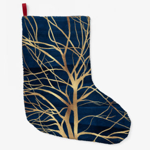 Modern Gold Tree Silhouette Minimal Blue Design Large Christmas Stocking