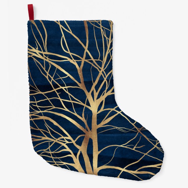 Modern Gold Tree Silhouette Minimal Blue Design Large Christmas Stocking (Front)