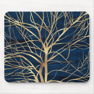 Modern Gold Tree Silhouette Minimal Blue Design Mouse Mat