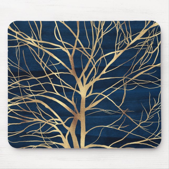 Modern Gold Tree Silhouette Minimal Blue Design Mouse Mat (Front)