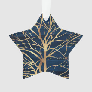Modern Gold Tree Silhouette Minimal Blue Design Ornament