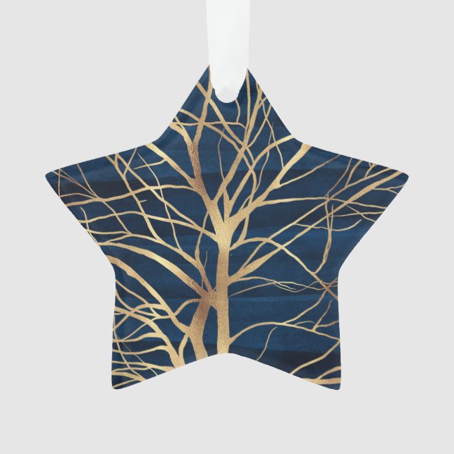 Modern Gold Tree Silhouette Minimal Blue Design Ornament (Front)